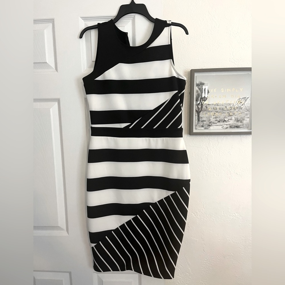 White and Black Striped Elastic Form Fitting Cocktail Dress